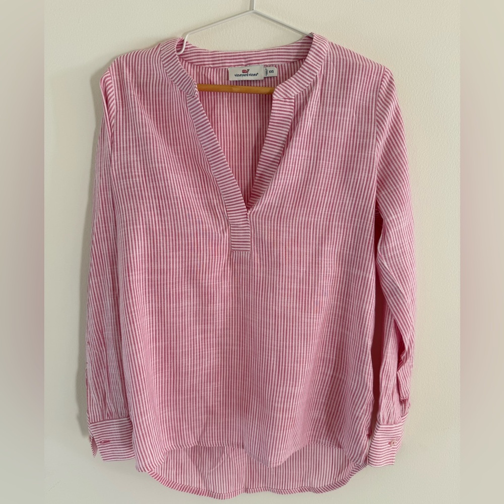 Vineyard Vines Pink Relaxed Buttoned Blouse with Mandarin Collar